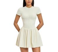 LVCHAO Robe de tennis zippée sur le devant for femme, col rond, fluide, plissée, à volants, sans manches, mini-robe athlétique golf avec poche for short Pour Les Jeux De Balle(Cream Apricot,XL)