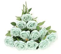 LVEFIT Lot de 12 Roses artificielles Vert Sauge en Soie avec Longue Tige pour Mariage, fête prénuptiale, décoration d'intérieur