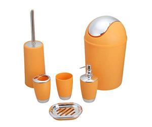Lvguang 6 Pcs PP Ensemble Accessoires Salle de Bains, Set avec Porte-Savon, Distributeur De Savon, Porte-Brosse À Dents, Poubelle, Brosse de Toilette, Coupe de Brossage à Dents Orange