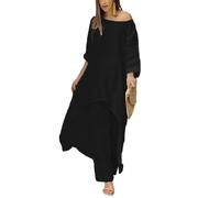 Lvguang Ensemble Femme Grande Taille Été - Haut Manches Longues Asymétrique en Lin-Coton + Pantalon Large - Tenue 2 Pièces Confort (Taille Grande)