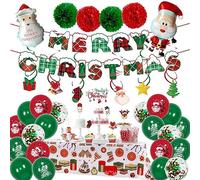 Lvguang Kit de Décorations de Fête de Noël Vert Rouge Blanc Ballons Boules de Fleurs et Eventails en Papier Bannière de Joyeux Noël Accessoires de Décoration pour Les Fêtes d'intérieur
