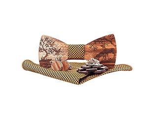 Lvguang Noeud Papillon Bois Homme, Broche, Boutons de Manchette et Carré de poche Ensemble, Noeuds papillon pré-noués, Accessoire de Décoration pour Fete de Mariage, avec Crochet et Réglable
