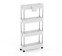 Lvhecforhm Chariot de Rangement Mobile sur 4 Niveaux, Chariot de Cuisine avec 1 Seau de Suspension et 4 Crochets, Rangement a Roulette, Chariot Rangement, Chariot de Rangement Multifonctionnel Blanc