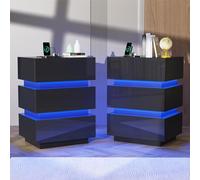 Lvhecforhm Table de Chevet avec Éclairage LED Lot de 2, Noir Table de Nuit avec Station de Charge, Table de Chevet Haute Brillante avec 3 Tiroirs, Table de Chevet pour Salon 2 Prises et 2 Ports USB