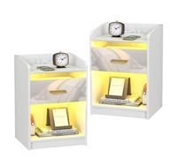 Lvhecforhm Table de Chevet avec Éclairage LED, Lot de 2 Table de Nuit avec Station de Charge, 2 Prises et 2 Ports USB, Haute Brillante Table Chevet avec Tiroirs Blanc,Table d'appoint Salon 40x35x58cm