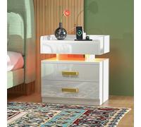 Lvhecforhm Table de Chevet avec Multiprise, 2 Prises CA, 2 Ports USB, 16 Couleurs LED Réglable Table de Nuit, Moderne avec 2 Tiroirs Blanc, pour Salon, Chambre, Bureau 45x35x52cm