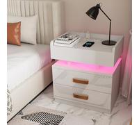 Lvhecforhm Table de Chevet avec Station de Charge, 16 Couleurs LED Réglable Table de Chevet, Nuit avec Prise et Port USB, Intelligente avec 2 Tiroirs Blanc