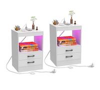 Lvhecforhm Table de Chevet avec Station de Charge, Lot de 2, Lumière LED Réglable Table de Chevet, Table de Chevet avec Prise et Port USB, Meuble de Rangement Moderne avec Tiroir Brillante Caché Blanc