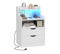 Lvhecforhm Table de Chevet Moderne avec LED Réglable, Table de Chevet avec Station de Charge, 2 Prises AC, 2 Ports USB, Intelligente Blanc avec 2 Tiroirs, Étagère de Rangement Ouverte