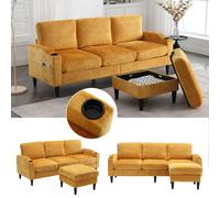 LVHOM Canapé 3 places avec pouf, 196,5 cm Canapé modulable avec porte-gobelet et poches latérales, banquette recouverte de chenille avec espace de rangement, ensemble de canapés, jaune