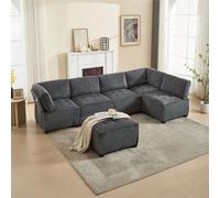 LVHOM Canapé modulable en forme de U 308 x 82 x 154 cm, 6 places avec fonction sommeil, Canapé d'angle modulable en velours côtelé, canapé en mousse convertible, ensemble de canapés, Gris