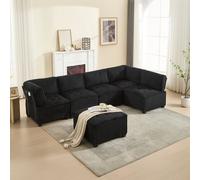 LVHOM Canapé modulable en forme de U 308 x 82 x 154 cm, 6 places avec fonction sommeil, Canapé d'angle modulable en velours côtelé, canapé en mousse convertible, ensemble de canapés, noir