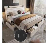 LVHOM Lit rembourré 140x200cm avec USB et tablette, lit double avec 4 tiroirs, lit d'adolescent avec sommier à lattes, lit fonctionnel, Beige