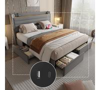 LVHOM Lit rembourré 140x200cm avec USB et tablette, lit double avec 4 tiroirs, lit pour adolescent avec sommier à lattes, lit fonctionnel, gris