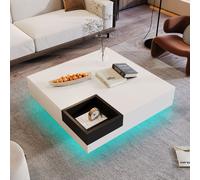 LVHOM Table basse haute brillance avec LED, Table d'appoint Scandi avec boîte en bois amovible, Table de salon Indutrial Table basse, 72x72x30cm, Blanc