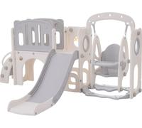 LVHOM Toboggan pour enfants Indoor 7-in-1 avec balançoires, Toboggan pour enfants avec panier de basket, Toboggan de jardin avec tour de jeux, Gris