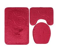 lvifloae Navy Blue Bathroom Mat Set Stone Embossed Soft Absorbent Toilet Lid Cover Bathtub Side Floor Mats Non Slip PVC Bottom Polyester Carpet Kit (Red)