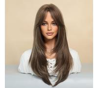 lvifloae Perruque en couches droite marron perruque femme huit franges cheveux longs raides raie au milieu tête complète ensemble Pick Dye miel blond perruque droite avec frange (Marron foncé et gris)