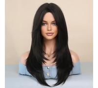 lvifloae Perruque en couches droite marron perruque femme huit franges cheveux longs raides raie au milieu tête complète ensemble Pick Dye miel blond perruque droite avec frange (Noir et Vert)