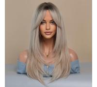 lvifloae Perruque en couches droite marron perruque femme huit franges cheveux longs raides raie au milieu tête complète ensemble Pick Dye miel blond perruque droite avec frange (Or et Marron)