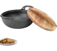 lvifloae Wok avec couvercle, sauteuse en fonte à 2 poignées, couvercle en bois, poêle, pour sauter, cuisiner, griller, cuire à la vapeur 20 cm