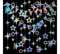 Lvjkes 3 Pièces Guirlande Papier Illusion holographique, Guirlande étoile à Quatre Branches et étoile à Cinq Branches, Guirlanda de Drapeaux triangulaires, pour Les Anniversaires, Mariages