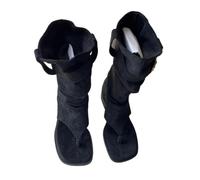 LVJMJ Bottes molles mi-mollet pour femme Bout carré String Bout ouvert Augmentation de la hauteur Dessus en daim Boucle de ceinture Décoration Doublure en microfibre Beige Noir Couleur unie Style