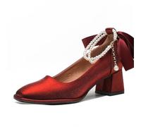 LVJMJ Mocassins en cuir à talon bloc bas à enfiler rétro pour femme | Dessus en satin | Sangle de cheville perlée | Talon bloc de 5,5 cm | Bout carré | Design 2 en 1 | Doublure en microfibre