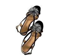 LVJMJ Sandales à bout ouvert en cristal et feu d'artifice pour femme, sangle de cheville, talon épais, style féérique, chaussures habillées en daim pour fête d'été