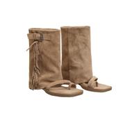 LVJMJ Sandales à enfiler pour femme avec boucle d'orteil, bottes mi-mollet souples à franges et boucle en métal - Plateforme compensée cachée de 6 cm - Style décontracté - Noir et kaki