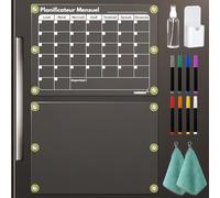 LVNRIDS 2 Pack Tableau Calendrier Magnetique Frigo en Français, 42 x 30 cm Acrylique Planning Mensuel Effaçable et Tableau Magnétique Frigo Transparent, 12 accessoires