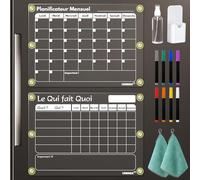 LVNRIDS 2 Pack Tableau Calendrier Magnétique Frigo Mensuel en Français, 42 x 30 cm Acrylique Planning Mensuel Effaçable et Tableau Magnétique Frigo Transparent pour Tâches Ménagères, 12 accessoires