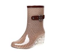 LvRao Femmes Chaussures Résistant à l'eau Bottes Cuir à Talons Hauts | Dames Boots de Pluie à Modèle de Point Bottines Lisse Beige Étiquette 39, EU 39