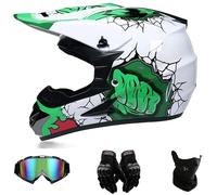 LVSENET Femmes Casque Cross Moto Casque Intégral VTT Enfant Off Casque De Moto Casque Cross Road Unisexe Adulte Casque Offroad - Casque avec Gants Lunettes Hulk -Blanc (M(54~55cm),A)