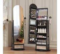 LVSOMT LED Armoire à bijoux avec Miroir Arqué, Rotative à 360 Armoire Bijoux Miroir avec éclairage, Grande Arc Miroir sur pied avec Rangement de bijoux, Miroir Bijoux Bois Verrouillable, Noir