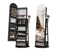 LVSOMT LED Armoire à bijoux avec Miroir Arqué, Rotative à 360 Armoire Bijoux Miroirs avec éclairage, Grande Arc Miroirs sur pied avec Rangement de bijoux, Miroir Bijoux Bois Verrouillable, Noir
