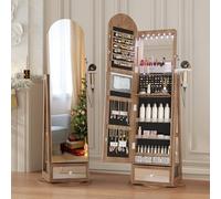 LVSOMT LED Armoire à bijoux avec Miroir Arqué, Rotative à 360 Armoire Bijoux Miroirs avec éclairage, Grande Arc Miroirs sur pied avec Rangement de bijoux, Miroir Bijoux Bois Verrouillable, Bois Marron