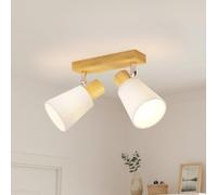 LVWIT Plafonnier Bois 2 Spots E14 Lampe Couloir Bois 40W Rampe Spot Applique Vintage Tissu Orientable 350° Intérieur Lustre Lampe pour Cuisine Chambre Salon Salle à Manger(Sans Ampoule)