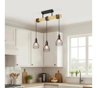 LVWIT Suspension Luminaire Industrielle, E14 Luminaire Salle a Manger 42CM, Noir Lustre Bois avec 3 Têtes, Petits Lustre avec Abat-jour en Forme de Filet Pour Salon(Sans ampoule)