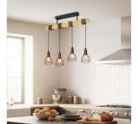 LVWIT Suspension Luminaire Industrielle, E14 Luminaire Salle a Manger 52CM, Noir Lustre Bois avec 4 Têtes, Moyenne Lustre avec Abat-jour en Forme de Filet Pour Salon(Sans ampoule)
