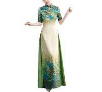 LVYUDS Long Défilé Amélioré Robe Vietnamienne Ao Dai élégant Slim Fentes Hautes Cheongsam Vintage Impression Qipao Soirée Festival(XL)