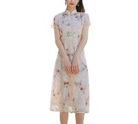 LVYUDS Mi-Longue Slim Cheongsam Mousseline Amélioré Robe Vietnamienne Ao Dai Broderie Impression Qipao Vêtements de Les Jours Col Montant(Pink,XL)