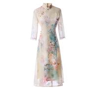 LVYUDS Moderne Amélioré Robe Vietnamienne Ao Dai Mi-Longueur Broderie Vêtements Quotidiens Cheongsam été Mince Vintage Impression Mariage Rencontres(Apricot,XL)