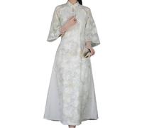 LVYUDS Mousseline de Soie Broderie Robe Vietnamienne Ao Dai été Manches Trois-Quarts Longue Jeune Qipao Fentes Cheongsam Tenue Quotidienne Mariage(XL)