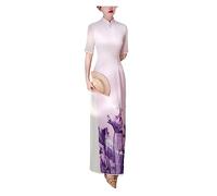 LVYUDS Traditionnel Robe Vietnamienne Ao Dai Ambiance Scène Performance Défilé Qipao été Long Vintage Impression Cheongsam Dîner(Purple,S)