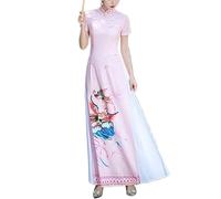 LVYUDS Traditionnel Robe Vietnamienne Ao Dai Ambiance Scène Performance Défilé Qipao été Long Vintage Impression Cheongsam Dîner(Pink,XL)