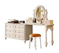 LVYWEX Coiffeuse avec Miroir, 8 tiroirs et Tabouret Ensemble Table de Maquillage et Chaise en Bois, Style rétro européen, pour Chambre à Coucher(Ivory White,A3)