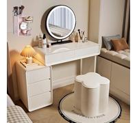 LVYWEX Coiffeuse avec Tabouret De Rangement, Miroir Et Éclairage, Et Seau De Rangement pour Houppettes À Poudre(Round Mirror,with Stool)