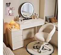 LVYWEX Coiffeuse avec Tabouret De Rangement, Miroir Et Éclairage, Et Seau De Rangement pour Houppettes À Poudre(Round Mirror,with Chair)