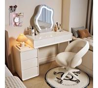 LVYWEX Coiffeuse avec Tabouret De Rangement, Miroir Et Éclairage, Et Seau De Rangement pour Houppettes À Poudre(Cloud Mirror,with Chair)